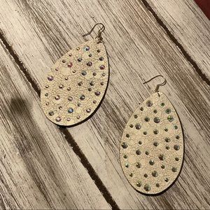 Cream color glitzy rhinestone earrings. Shiny, faux leather light weight